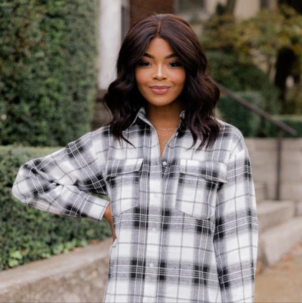 NWOT Pink Lily Dreaming Again Ivory/Black Plaid Blouse